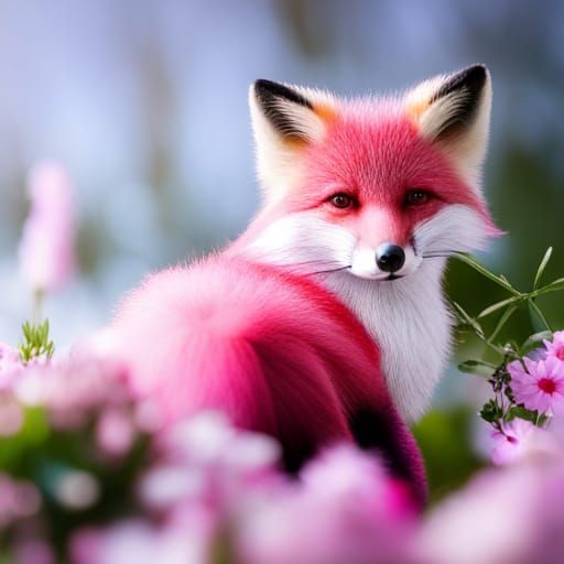Hyperrealistic Pink Fox with Flowers in Bokeh
