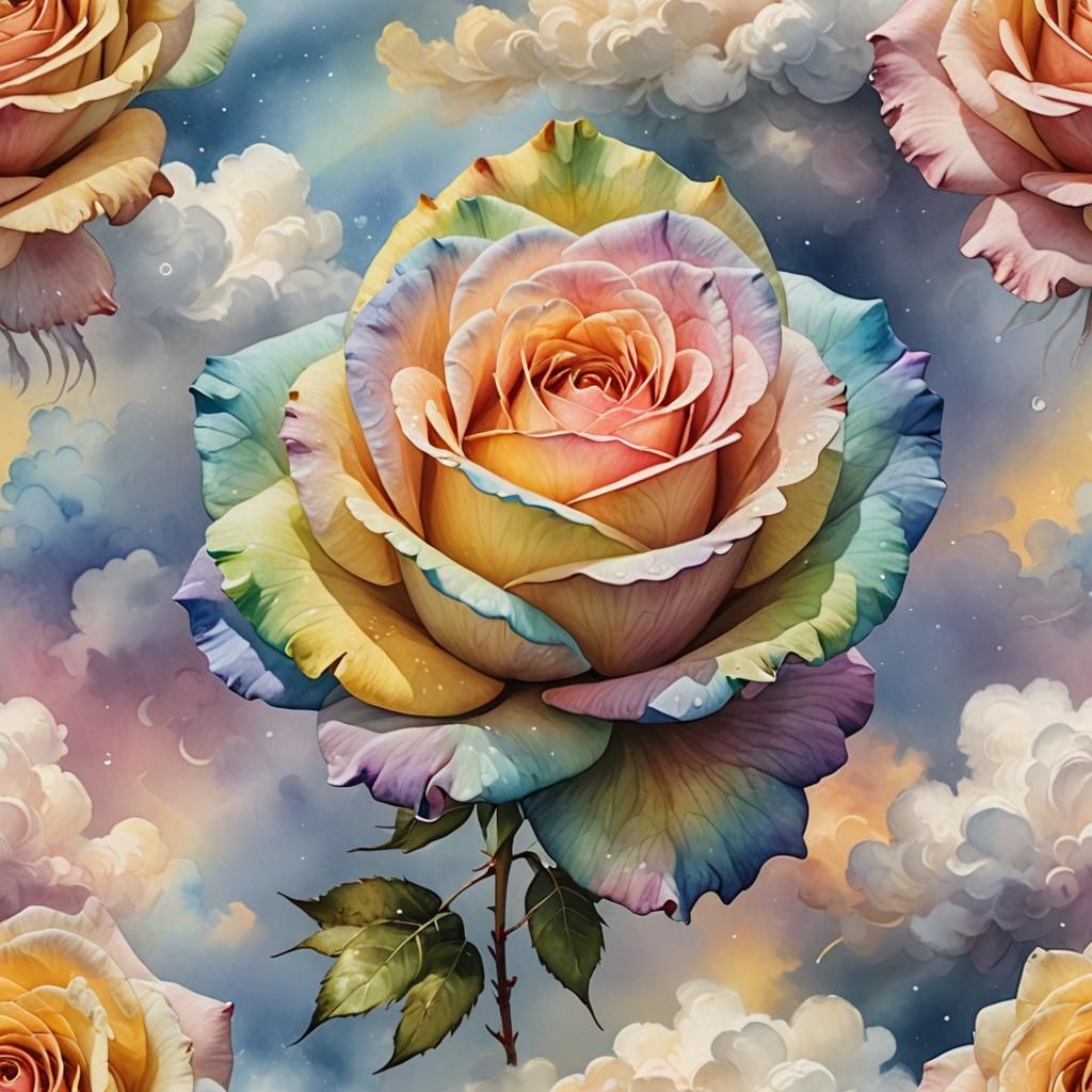 Rainbow Rose on Cloud in Watercolor Style