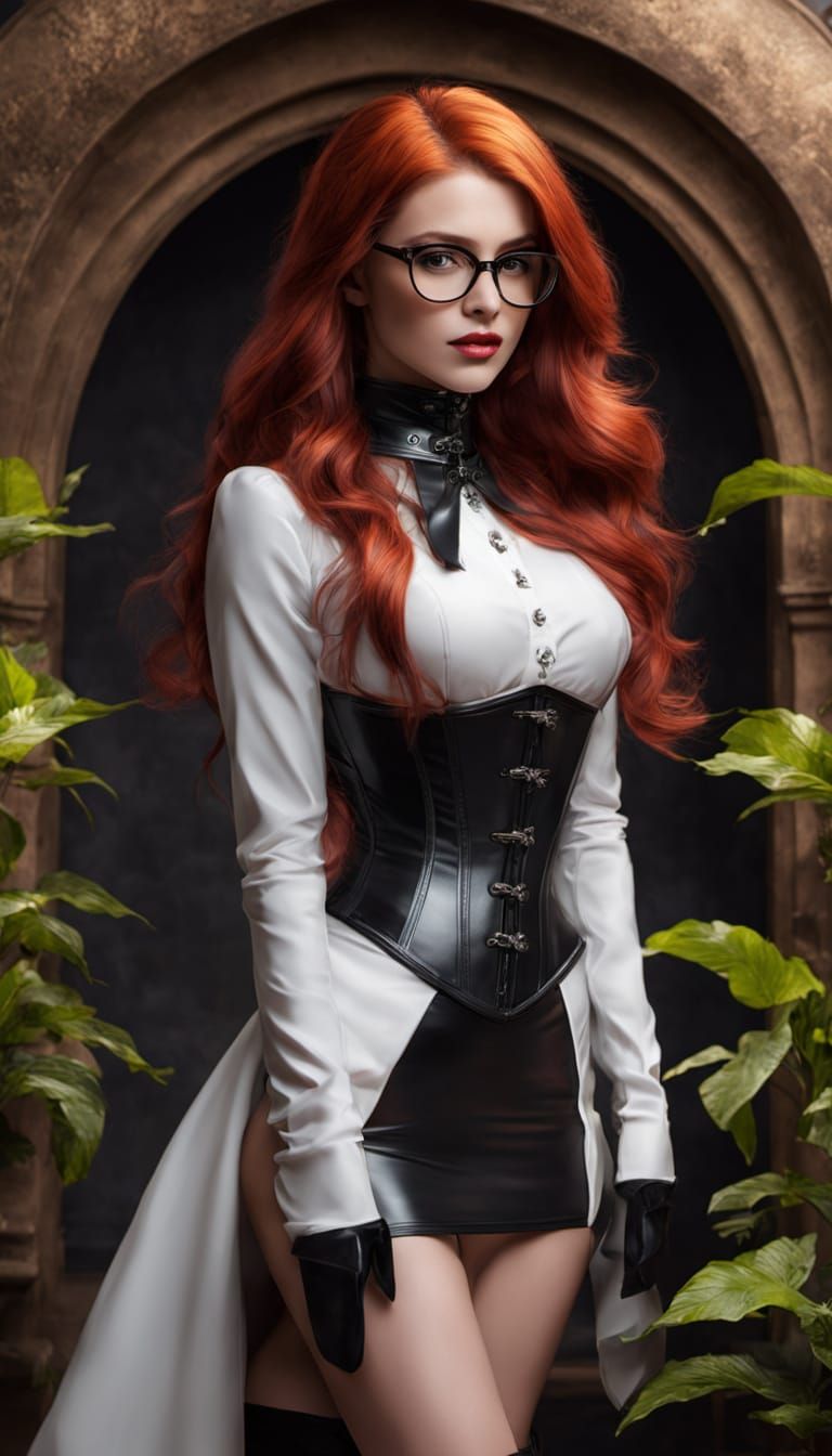 A woman with very long red hair and glasses stands confidently, showcasing a striking and polished aesthetic. The woman ...