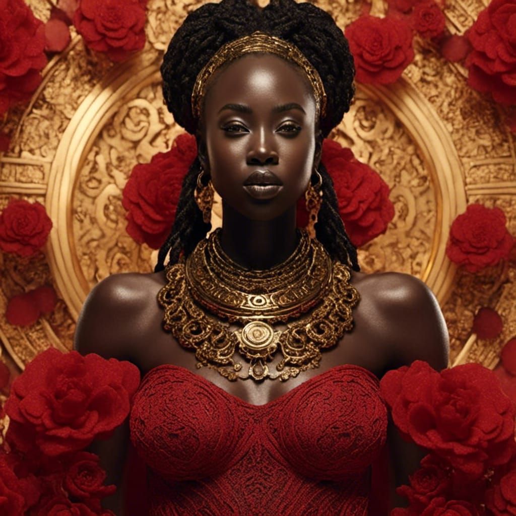 <lora:Artsy:1.0> Red black gold African goddess of love joy and kindness Voluptuous in her beauty ethereal fantasy hype...