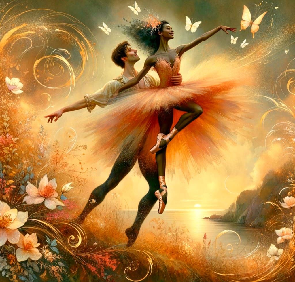 Ballet Pas de Deux at Sunrise in Watercolor Style