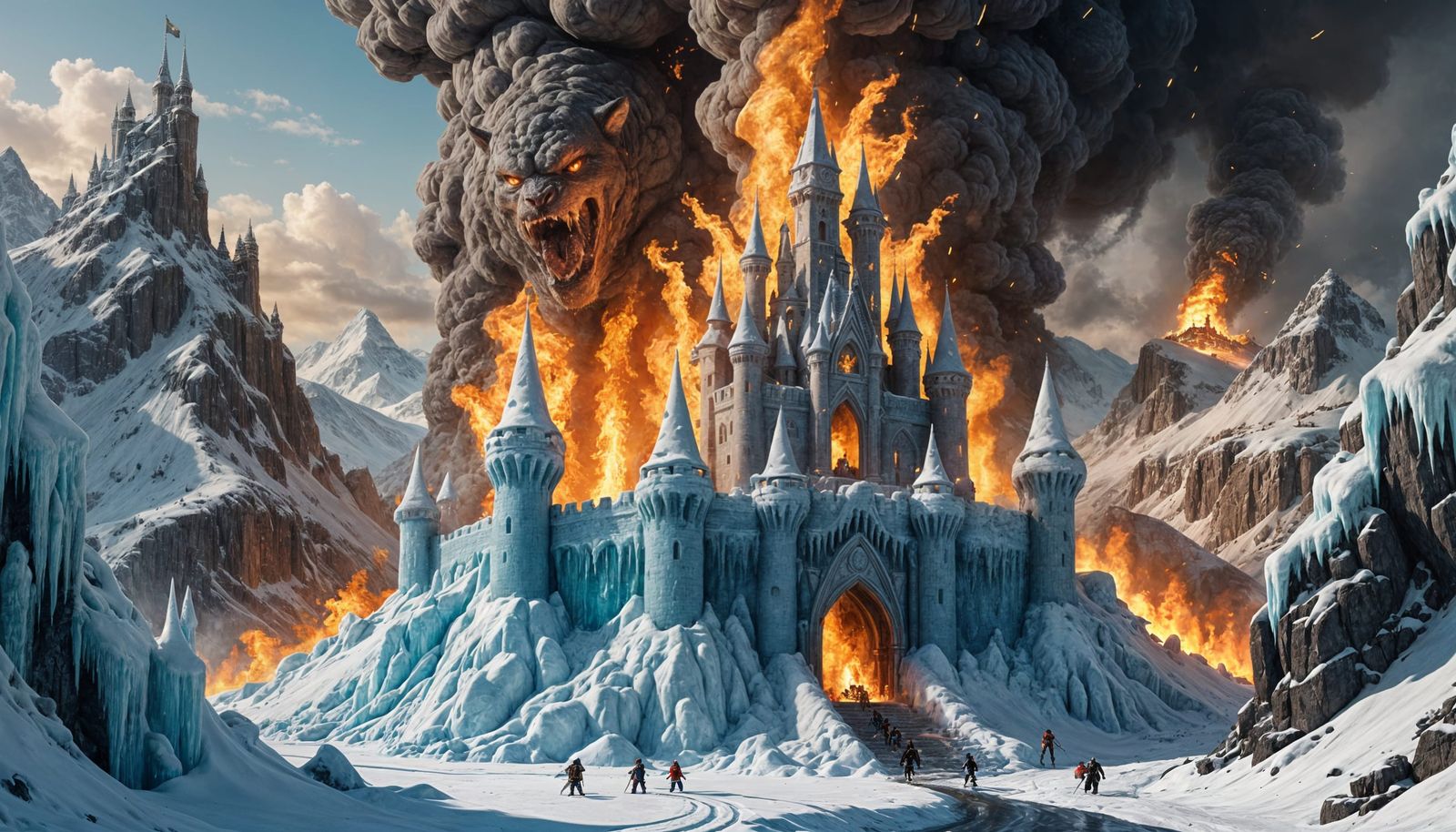 Epic Ice Castle Under Siege in a Fiery Battle
