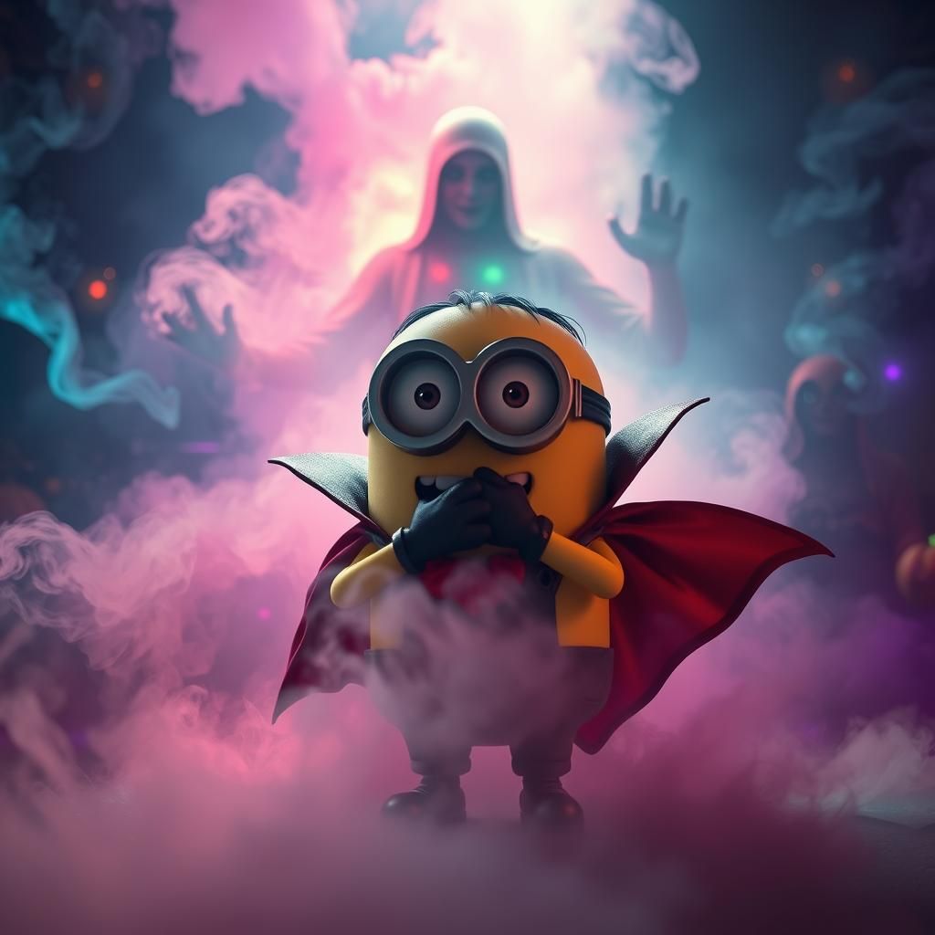 Minion dressed as Dracula. Coughing from the multicolored lu...