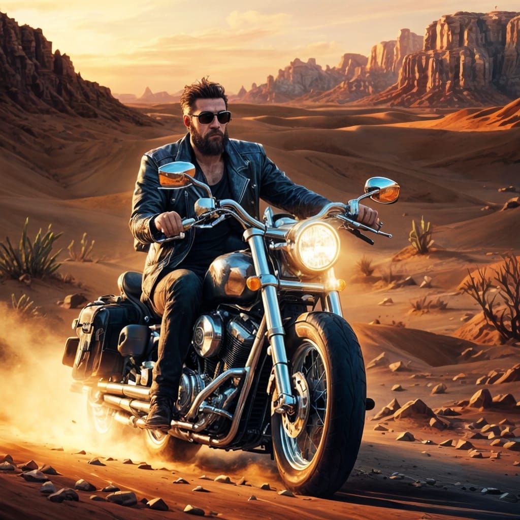 Biker on Desert Road at Night in Hyperrealism