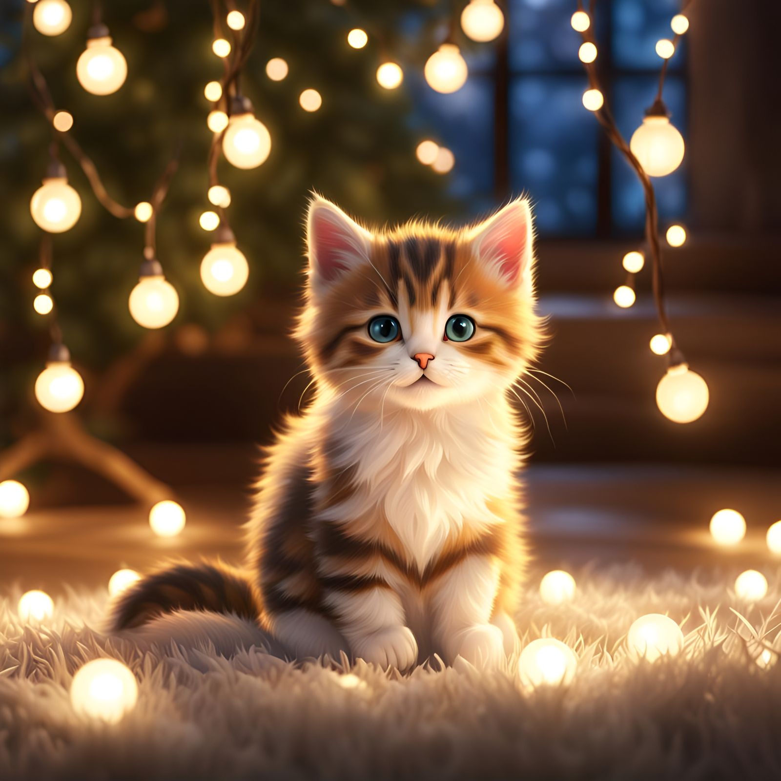 Calico Kitten Playing in String Lights, Digital Art