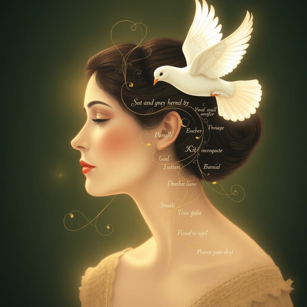 Ethereal Goddess of Peace in Profile, Surrounded by Whispers...
