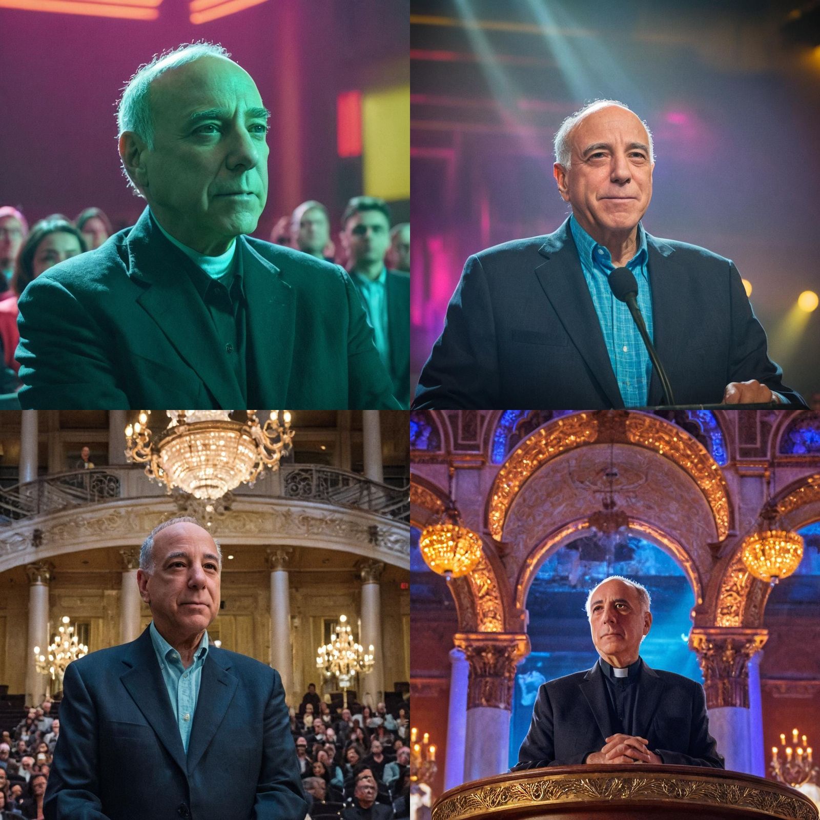 Epic Orator Takes the Stage in a Vibrant, Neon-Lit Hall