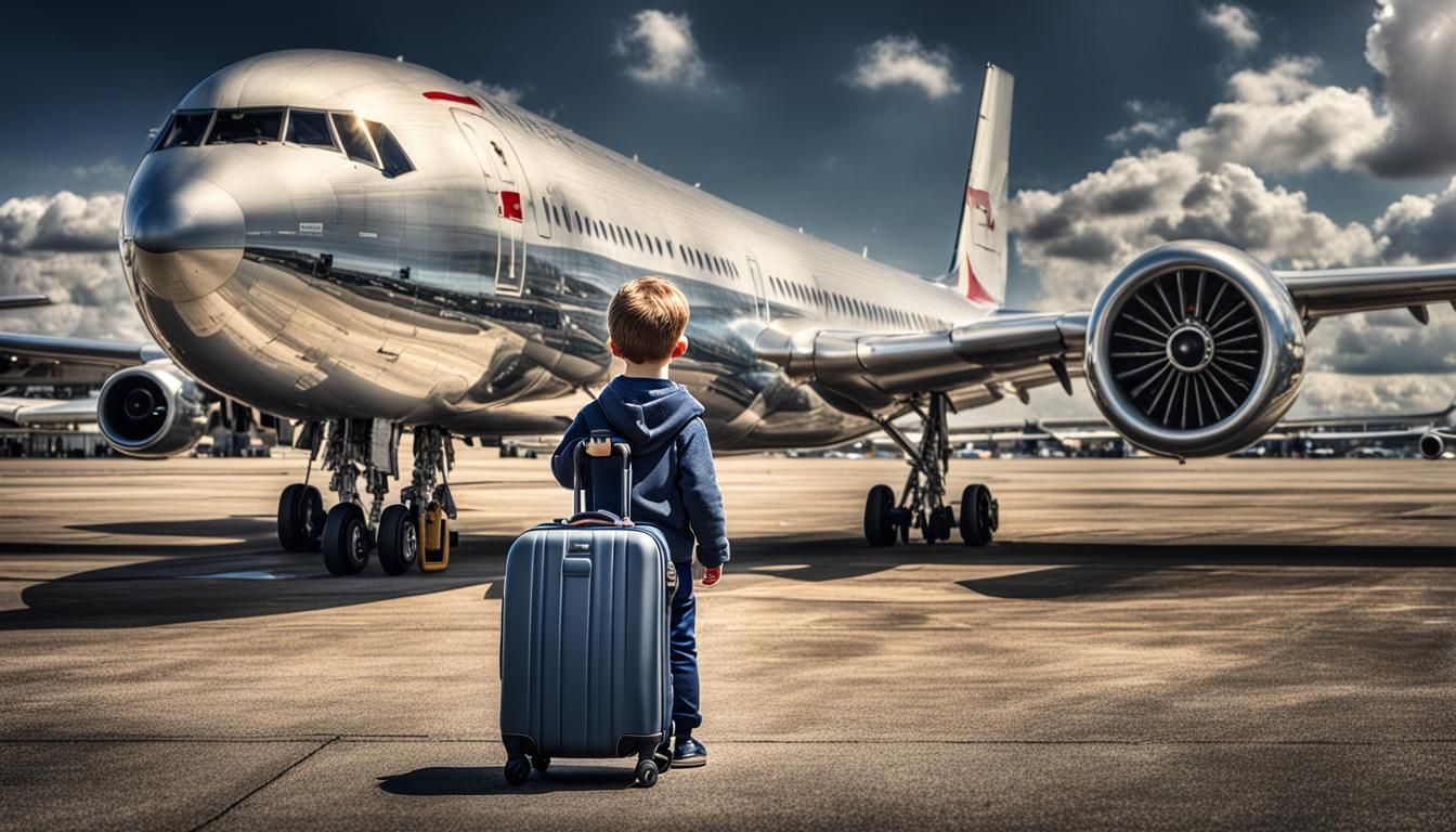 Child's Airport Wonder: Hyperrealistic 64MP Image