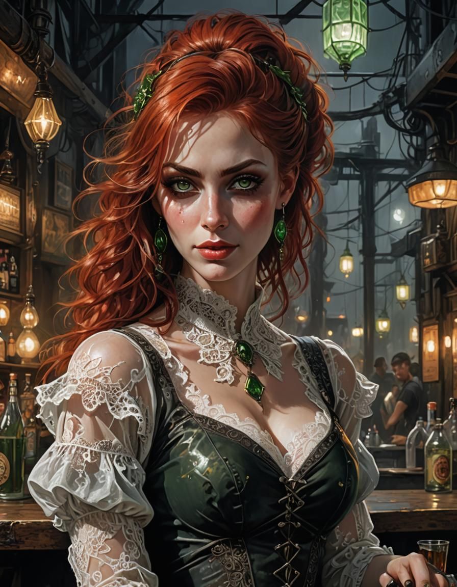 Gothic Barmaid in Post-Apocalyptic Bar, Acrylic Painting