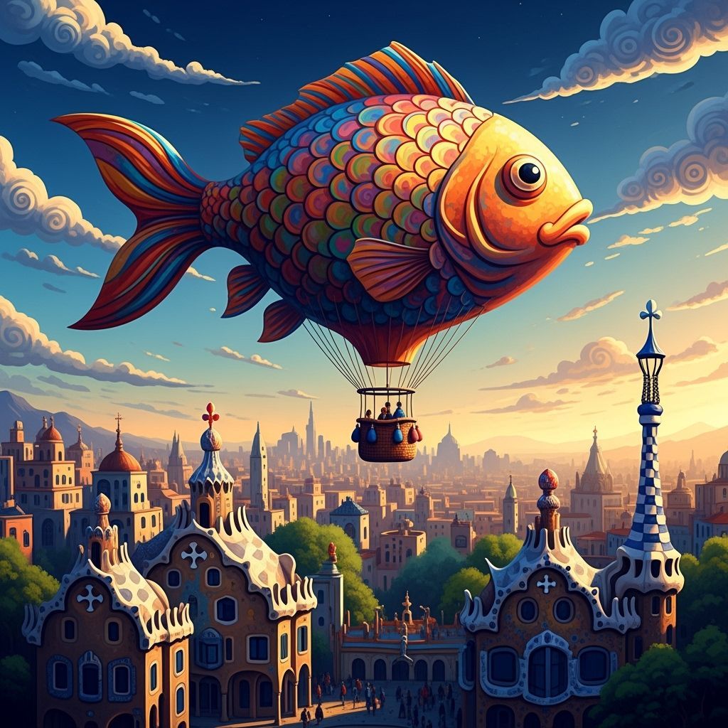 Goldfish Balloon Over Cityscape in Splash Art Style