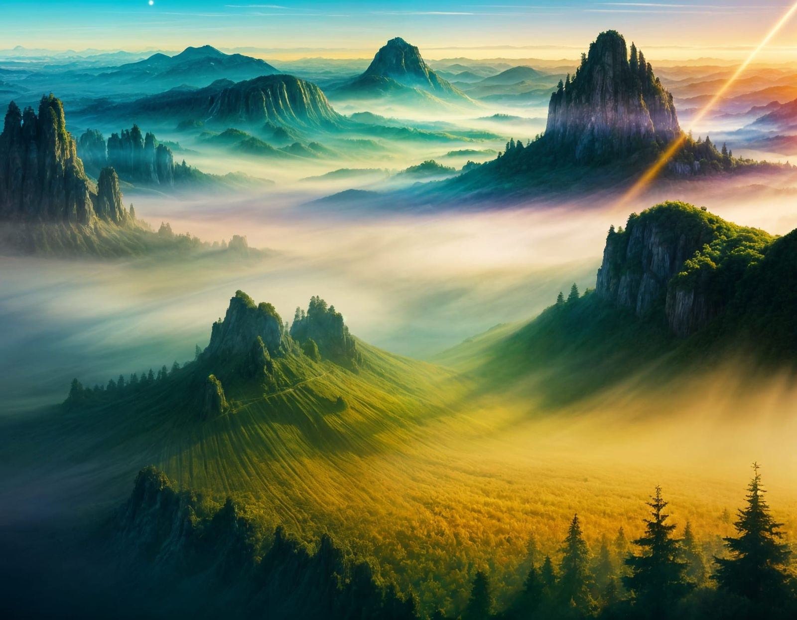 Ethereal Green Landscape with Crystalline Structures