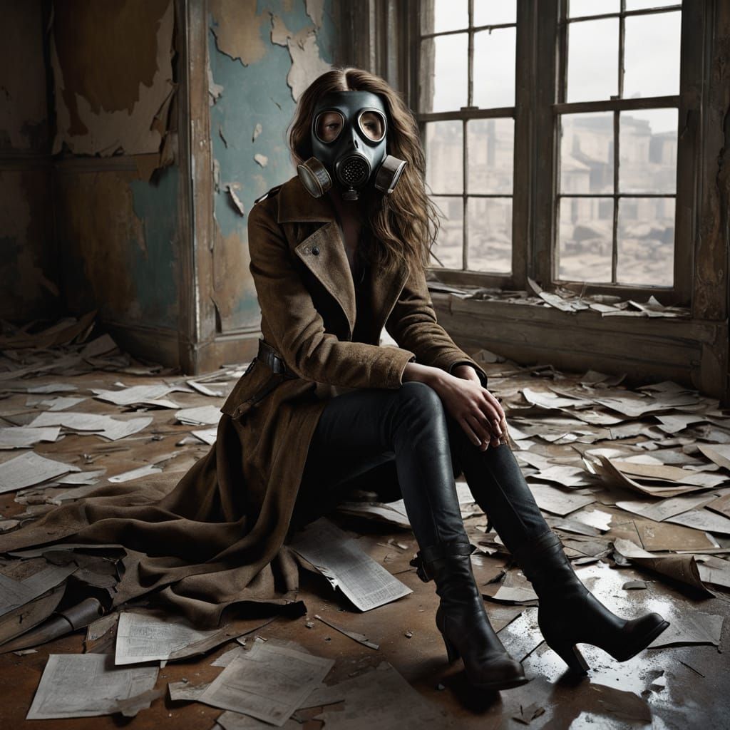 Woman in WWI Gas Mask Amid Battlefield Ruins