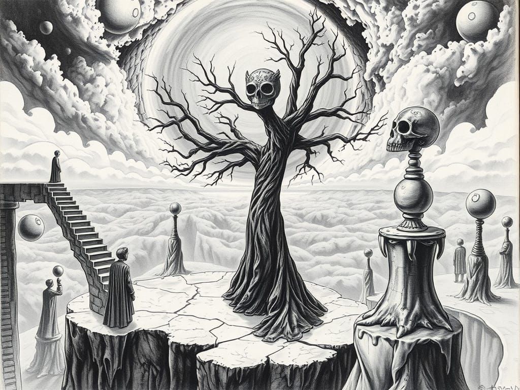 Surrealist Landscape Depicted in Intricate Charcoal Sketch