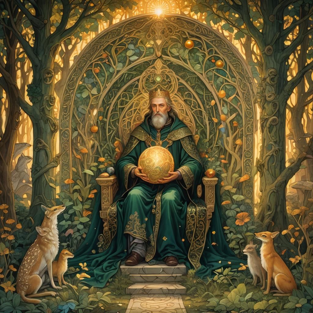 Regal Figure in Mystical Forest: Illuminated Manuscript