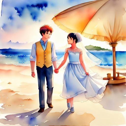 Romantic Watercolor Painting of Honeymoon Couple