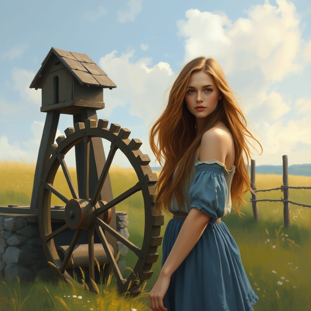 Impressionist Woman by Waterwheel in a Peaceful Meadow