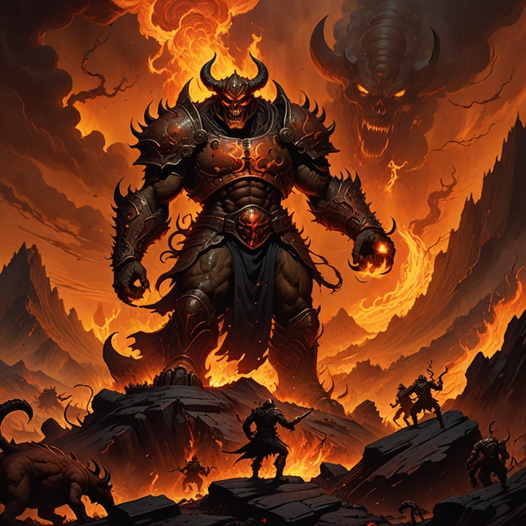 Doom Marine Triumphs Over Fiery Demon in Dark Fantasy Landsc...