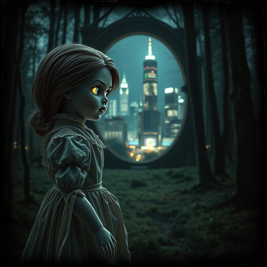Victorian Doll Witnesses Cyberpunk Portal, Rutkowski Style