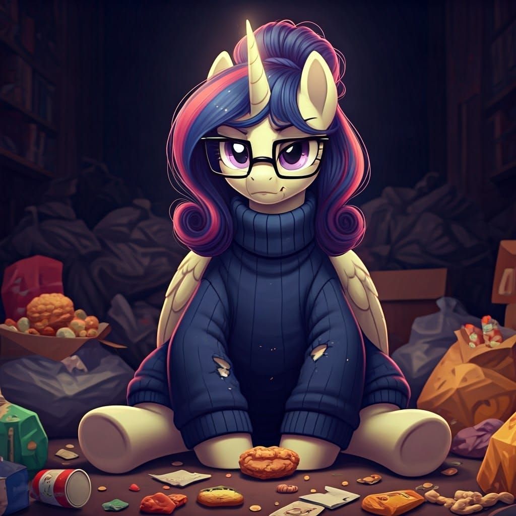 Unicorn Character Surrounded by Junk Food, Cinematic Still