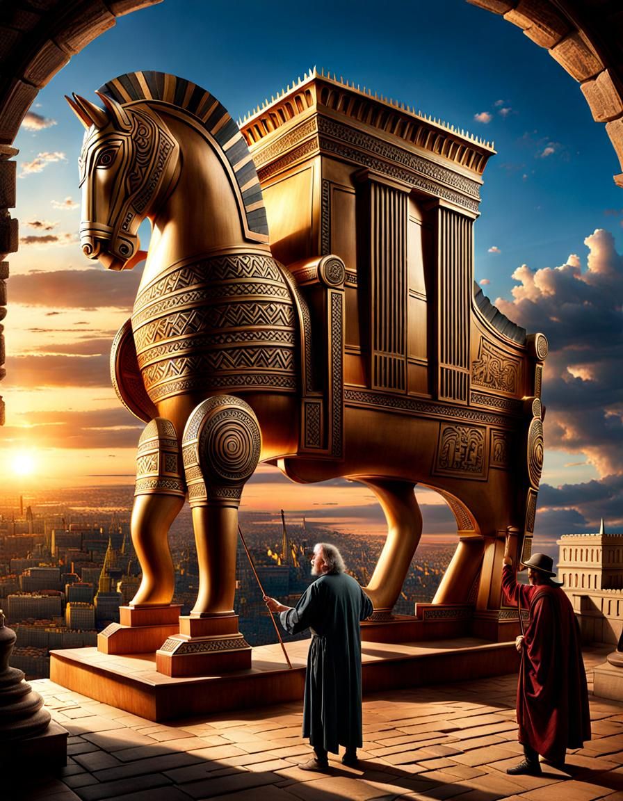 In ancient greece Epeius, the master carpenter, putting the finishing touches to his absolutely massive trojan horse