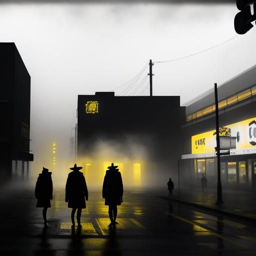Neon Shadows: Figures in Yellow Rain