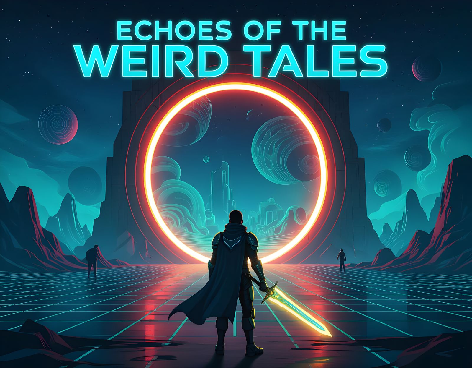 Synthwave Character Before Portal in Alien Landscape