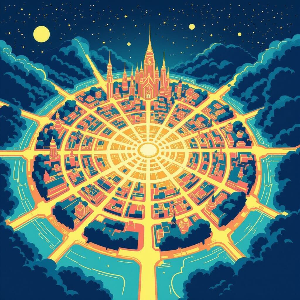 Fantasy City Map in Serigraphy Vectorgraphic Style