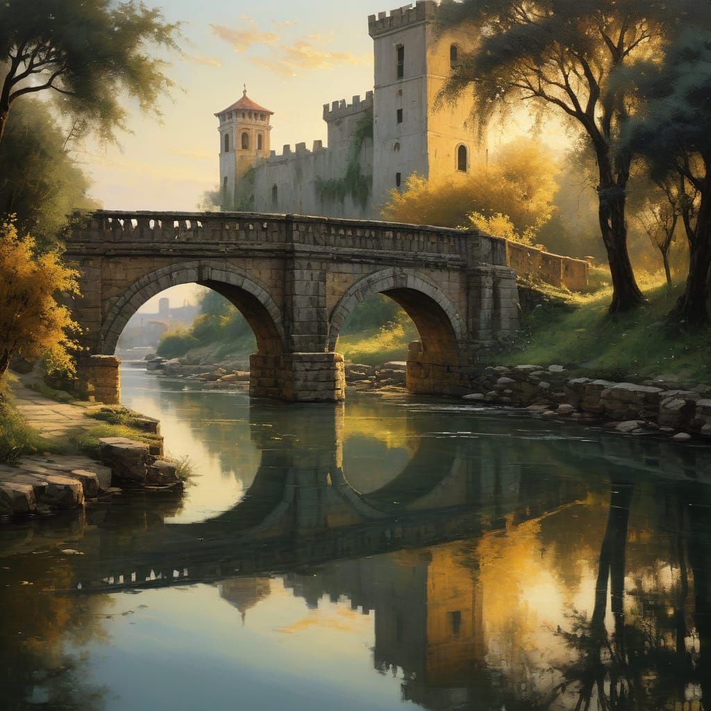 Ethereal Italian Cityscape with Majestic Bridge and River