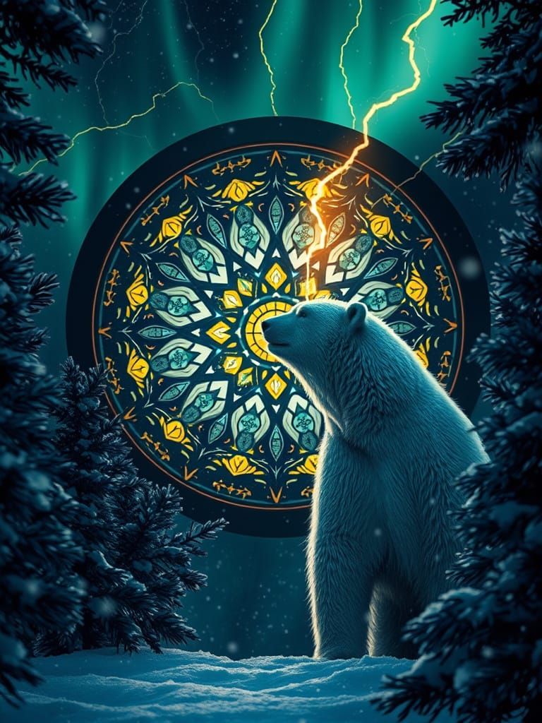 Polar Bear Watches Through Fractal Stained Glass Portal