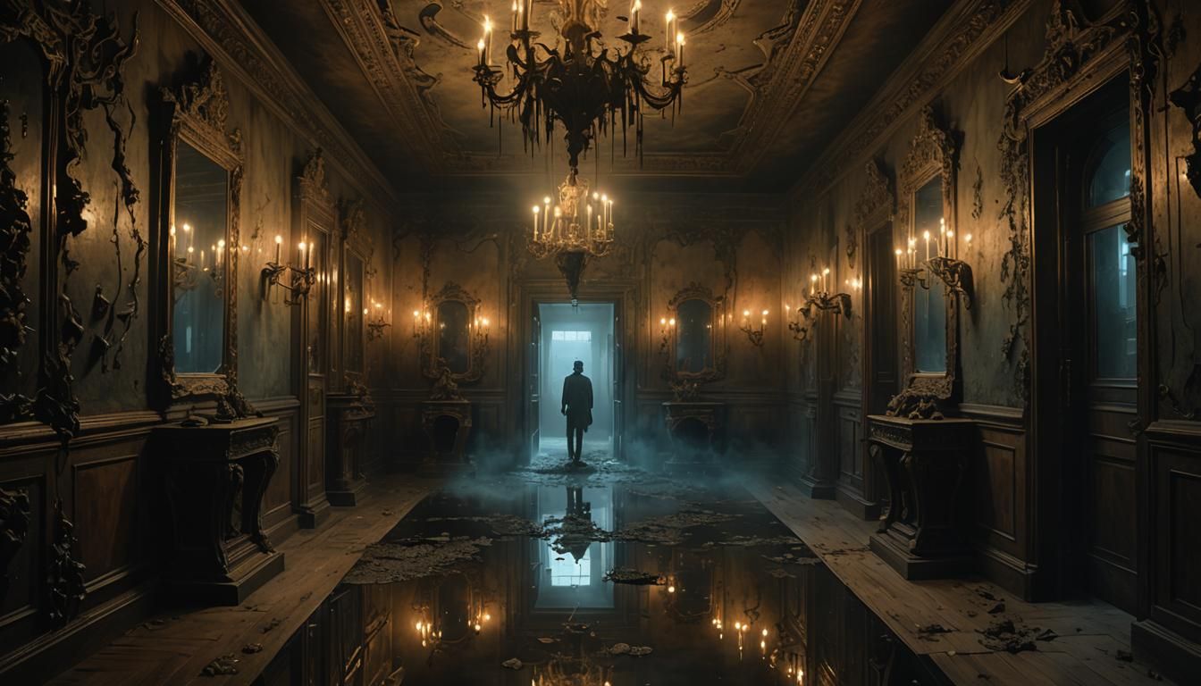 Surreal Mirrored Corridor in Ominous Volumetric Lighting