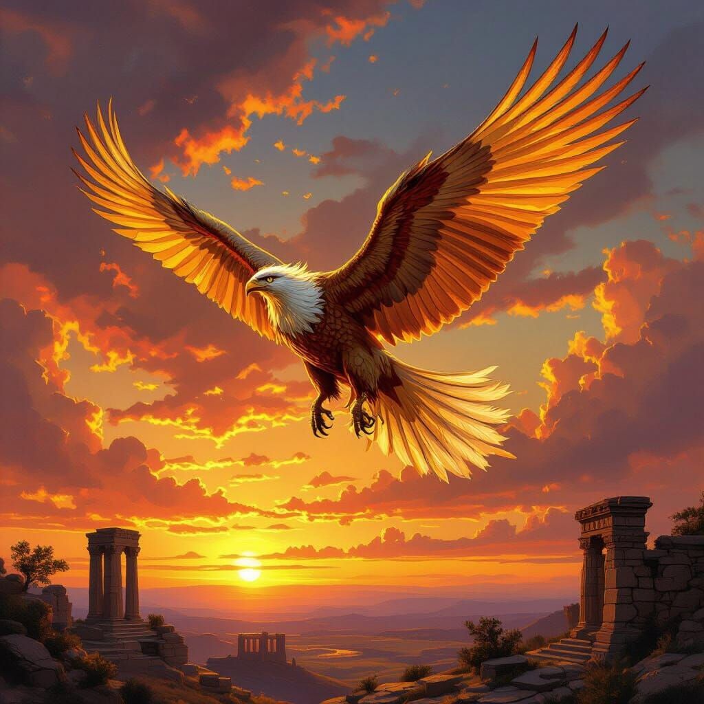 Majestic Griffin Soaring Through Crimson Sunset Sky