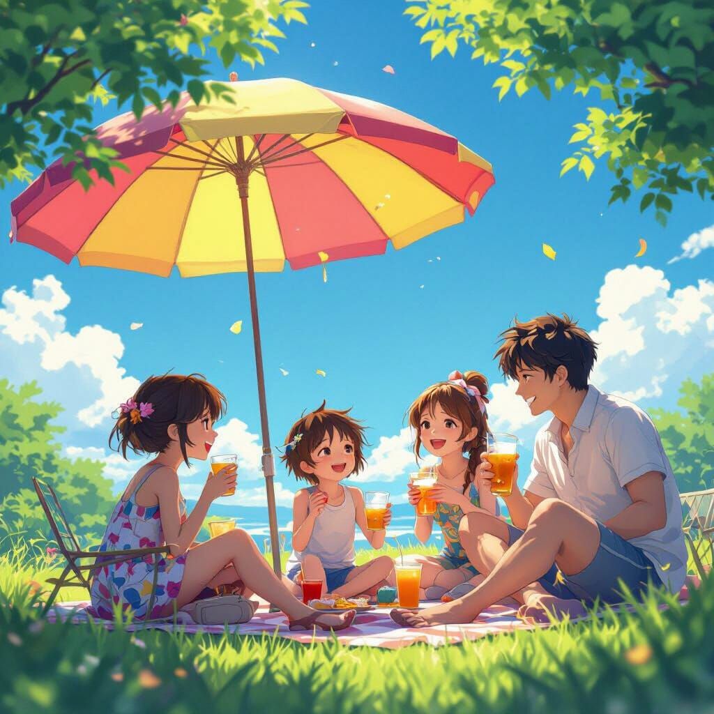 Children Play, Adults Relax Under Parasol in Anime Style