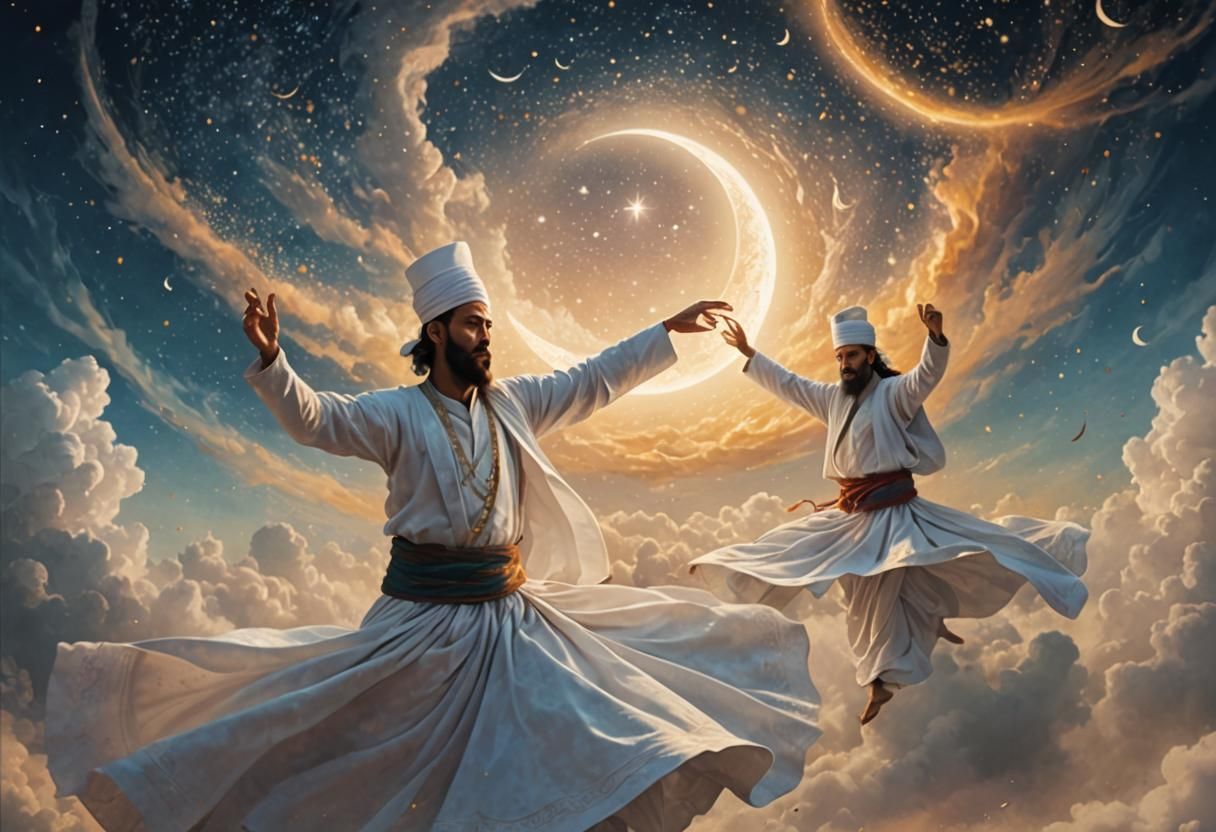 Sufi whirling with a crescent moon