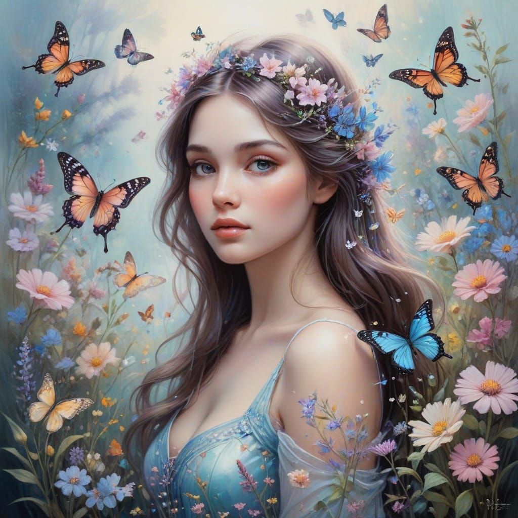 Fairytale Princess Among Wildflowers, Dreamy Ethereal Atmosp...