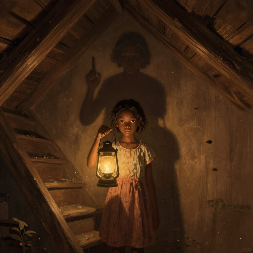 African Girl on Attic Stairs with Shadowy Figure