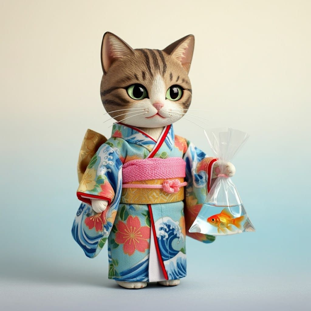 Kimekomi Doll Cat in Summer Kimono Digital Art