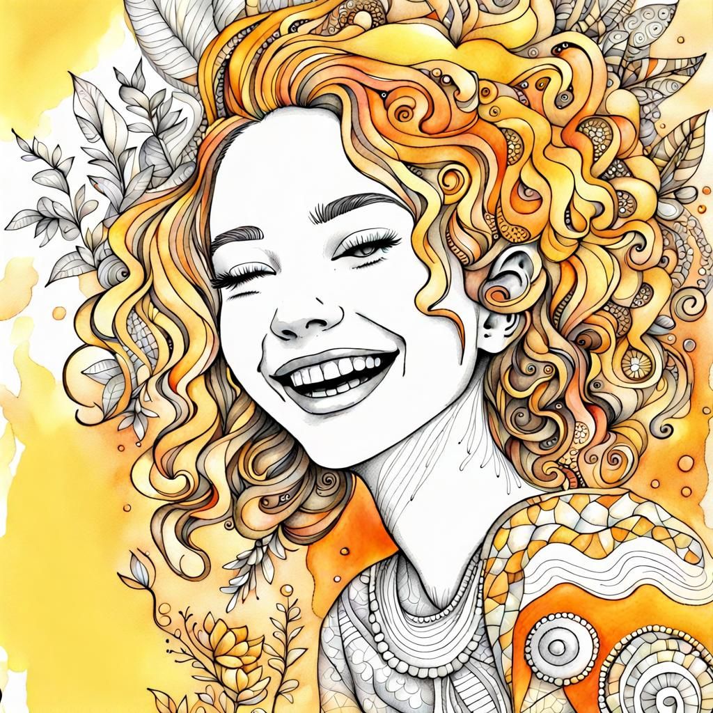 Laughing Girl in Zentangle Style with Watercolor Details