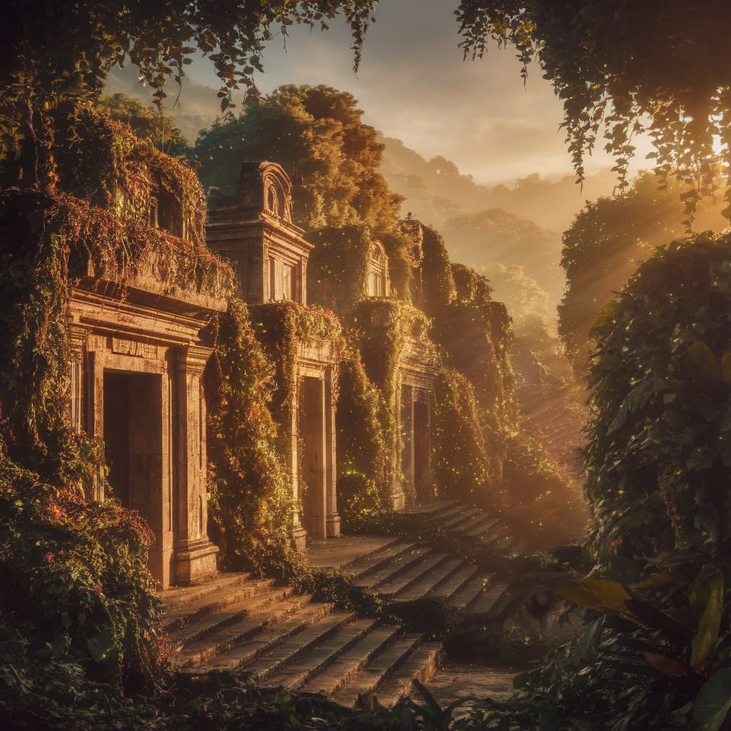 Jungle City Illuminated by Ancient Light in Romanesque Mayan...