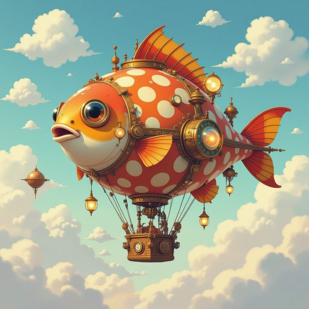 Steampunk Pufferfish Balloon over Clockwork City in Ghibli S...