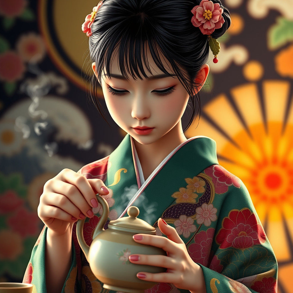 Japanese Girl in Kimono Pouring Tea: Hyperrealistic Digital ...