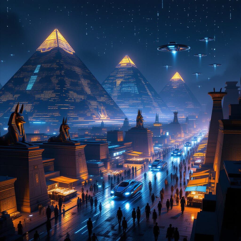 Cyberpunk Egyptian Cityscape: Futuristic Pyramids & Neon Str...