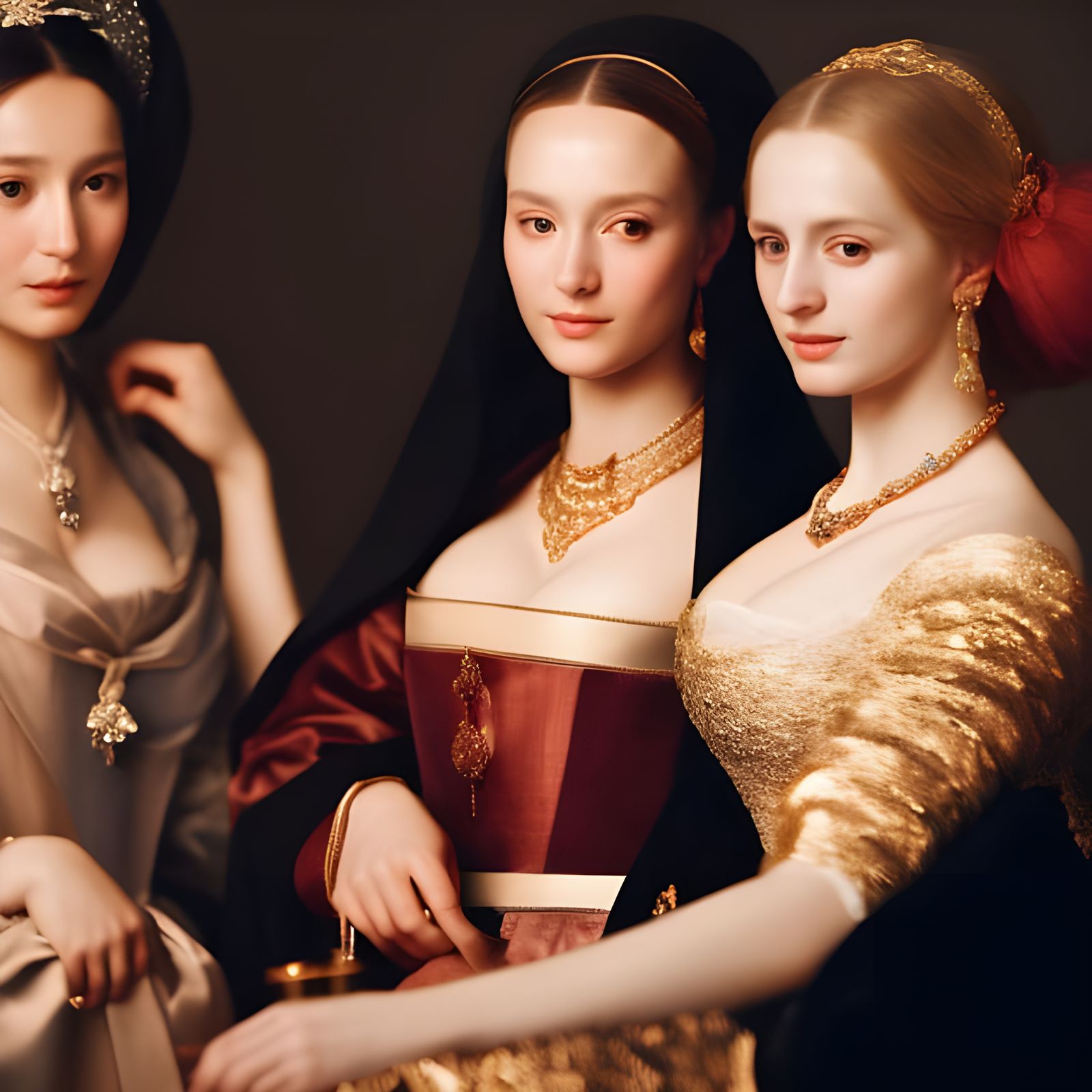 Renaissance Women Chat Over Coffee, Detailed Painting