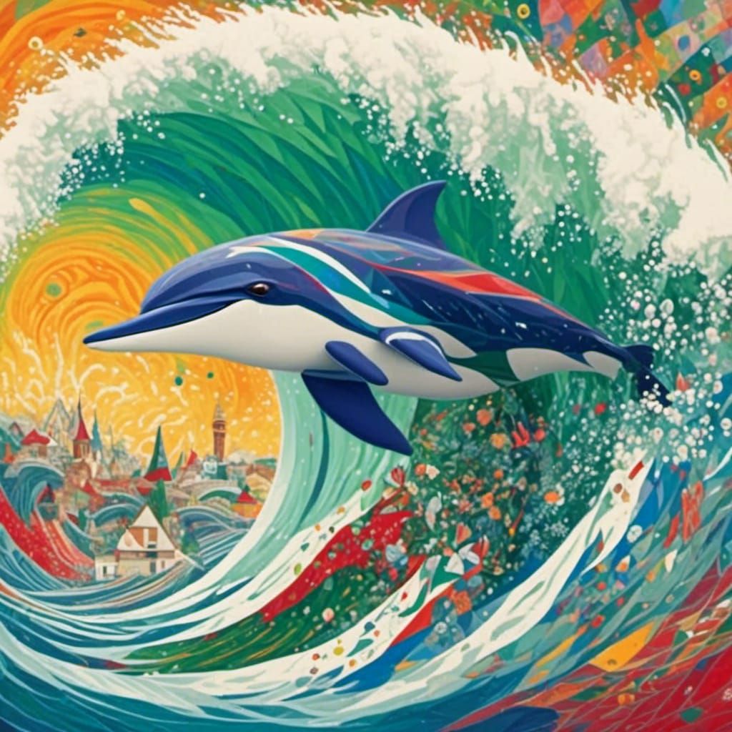 Dolphin Leaps from Tidal Wave: Painterly Style