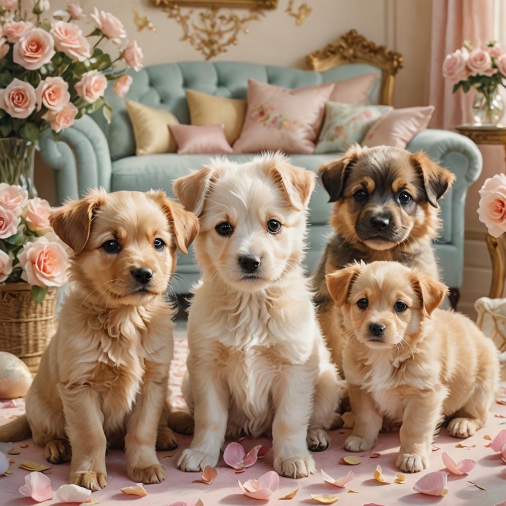 Puppies Play in Pastel Watercolor Room