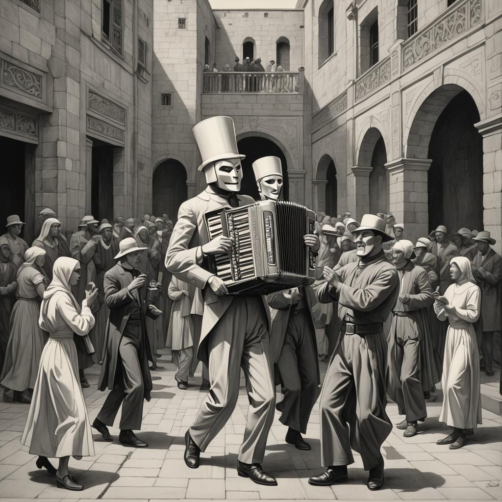 Cubist Jack-in-the-box Plays Accordion for Dancing Nuns