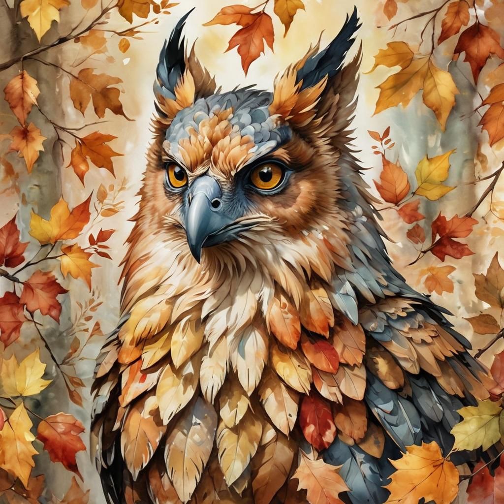 Playful Gryphon in Autumn Leaves: Oil Painting