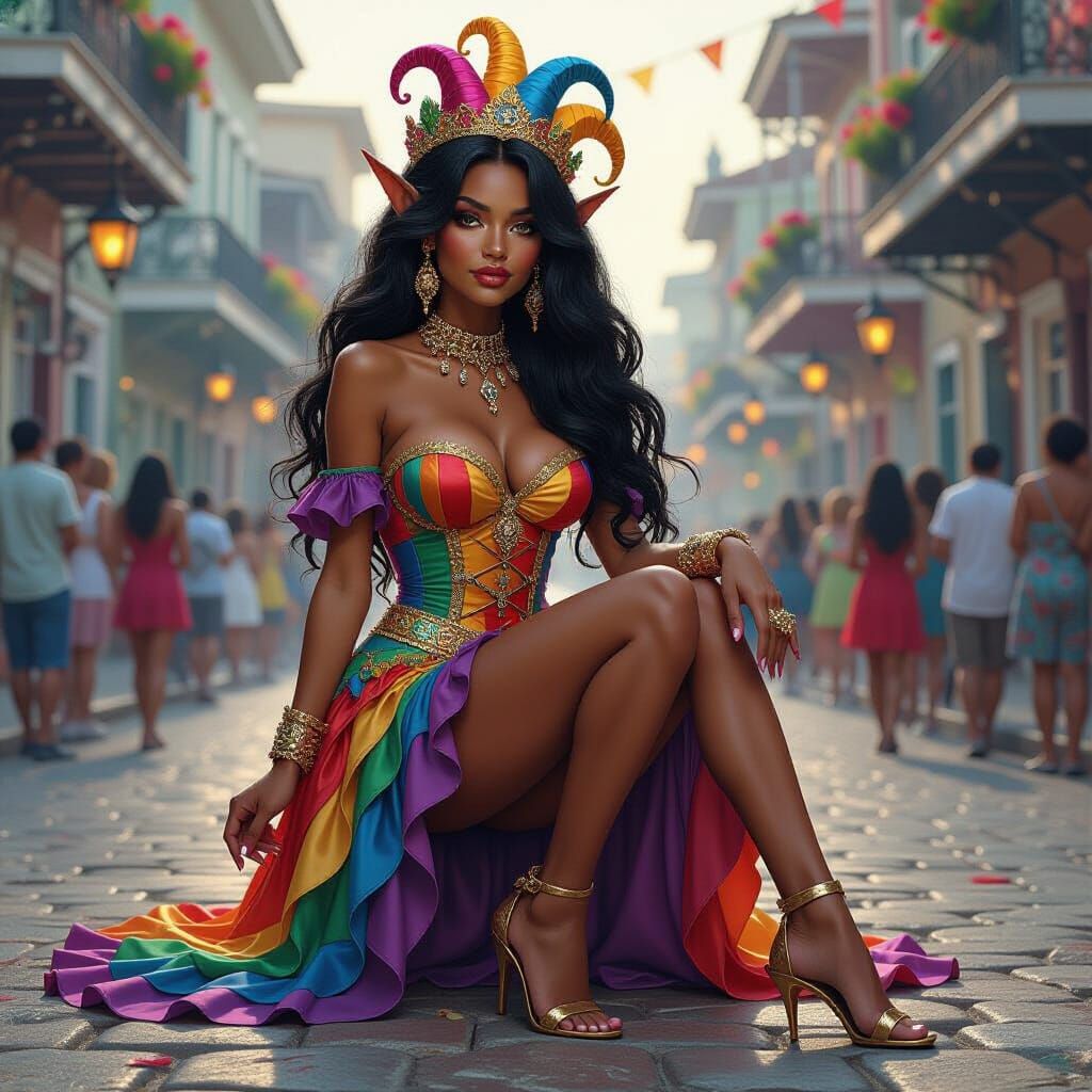 Fantasy Elf Woman in Elaborate Mardi Gras Attire