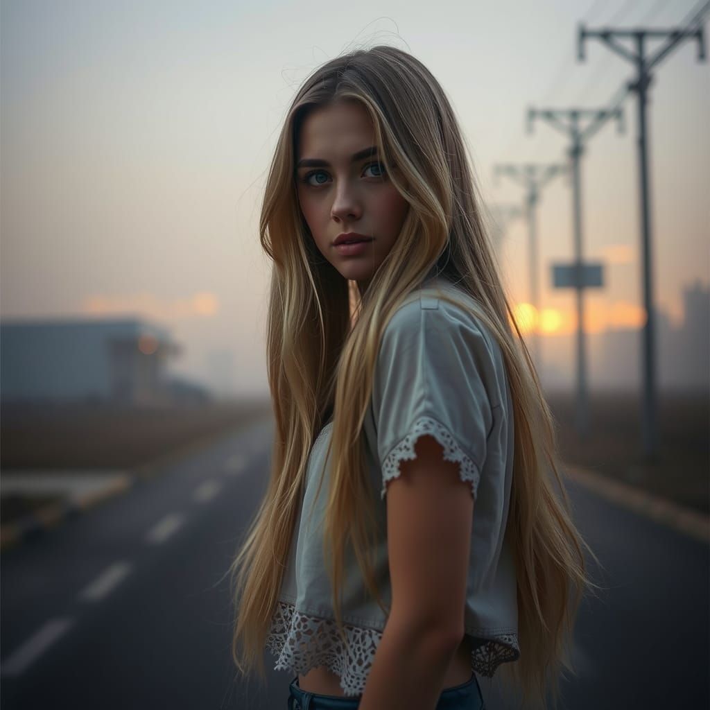 Introspective Woman in Foggy Street: Cinematic Portrait