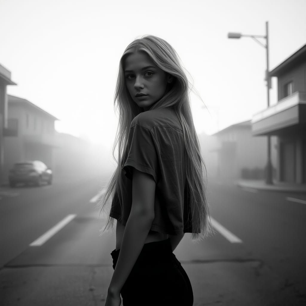 Contemplative Woman in Grayscale Suburbia, Cinematic Photogr...