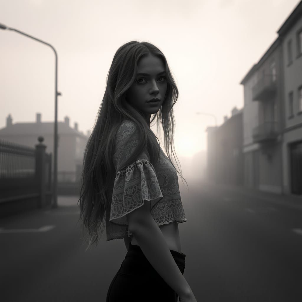 Photorealistic Grayscale Portrait of a Young Woman